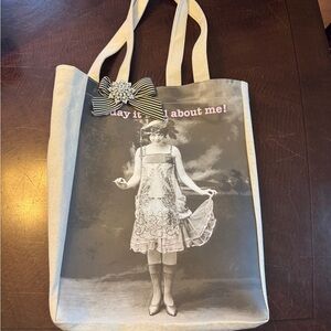 Canvas Tote Bag with Vintage Print and Bow Accent - Gray